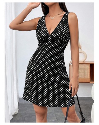 Women's Casual Polka Dot Deep V Neck Sleeveless Tank Dress