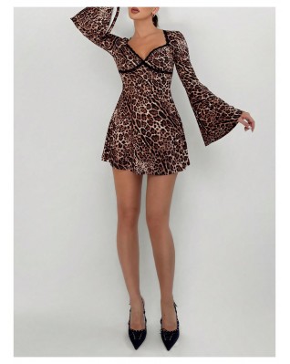 Women's Leopard Print Flared Sleeve Lace Dress
