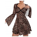 Women's Leopard Print Flared Sleeve Lace Dress