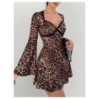 Women's Leopard Print Flared Sleeve Lace Dress