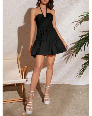 Women's halter waist mini short pleated dress