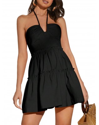 Women's halter waist mini short pleated dress