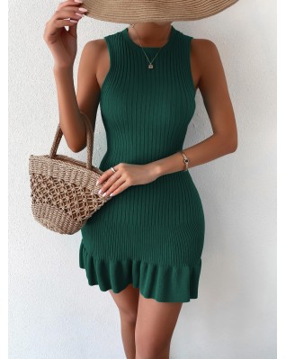 Women's Ribbed Knit Ruffle Hem Dress