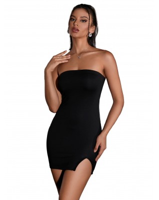 Women's Short Off Shoulder Slit Bodycon Mini Tube Dress