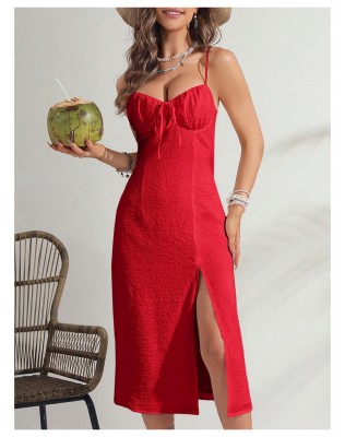 Women's Slit Thigh Spaghetti Strap Midi Dress