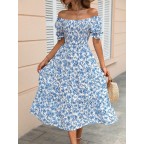 Women's floral print puff sleeve mid-length dress