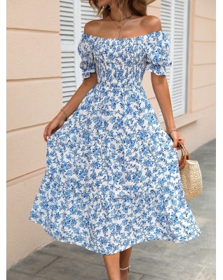Women's floral print puff sleeve mid-length dress