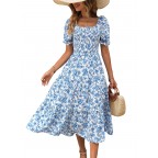 Women's floral print puff sleeve mid-length dress