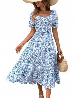 Women's floral print puff sleeve mid-length dress