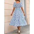 Women's floral print puff sleeve mid-length dress