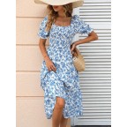 Women's floral print puff sleeve mid-length dress