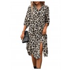Women's Leopard Print Front Button Three-quarter Sleeve Dress