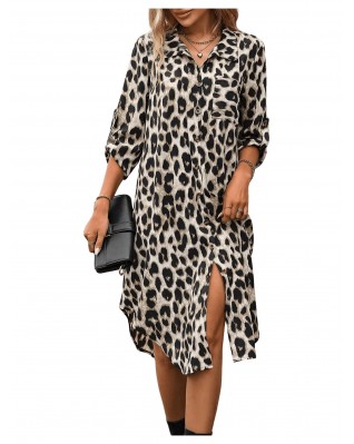 Women's Leopard Print Front Button Three-quarter Sleeve Dress
