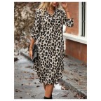 Women's Leopard Print Front Button Three-quarter Sleeve Dress