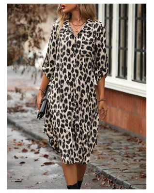 Women's Leopard Print Front Button Three-quarter Sleeve Dress