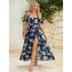 Women's floral off-the-shoulder slit thigh-high tie maxi skirt