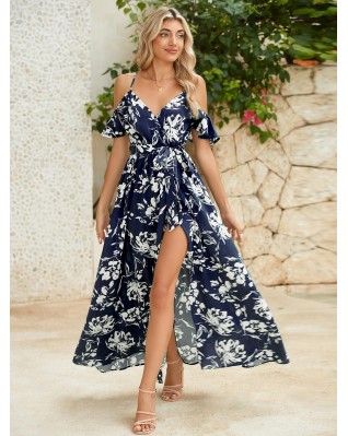 Women's floral off-the-shoulder slit thigh-high tie maxi skirt