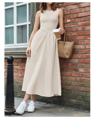 Textured High Waist Sleeveless Crewneck Ruffle Dress