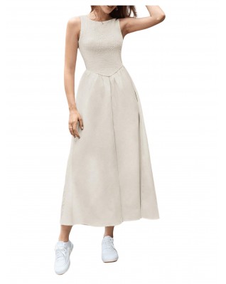Textured High Waist Sleeveless Crewneck Ruffle Dress