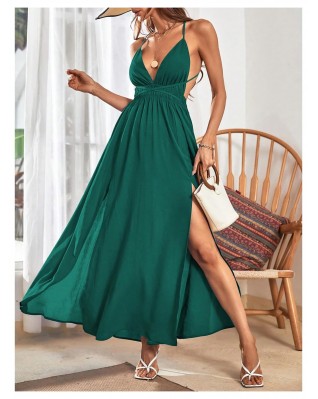 Women's Backless Criss Cross Sleeveless V Neck High Slit Suspender Maxi Dress