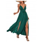 Women's Backless Criss Cross Sleeveless V Neck High Slit Suspender Maxi Dress
