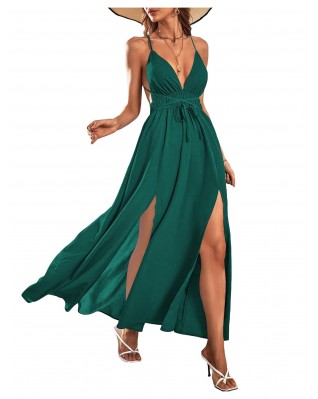 Women's Backless Criss Cross Sleeveless V Neck High Slit Suspender Maxi Dress
