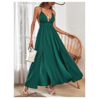Women's Backless Criss Cross Sleeveless V Neck High Slit Suspender Maxi Dress