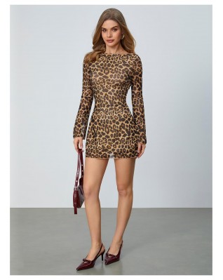 Women's Leopard Open Back Mesh Mini Cheetah Print Dress